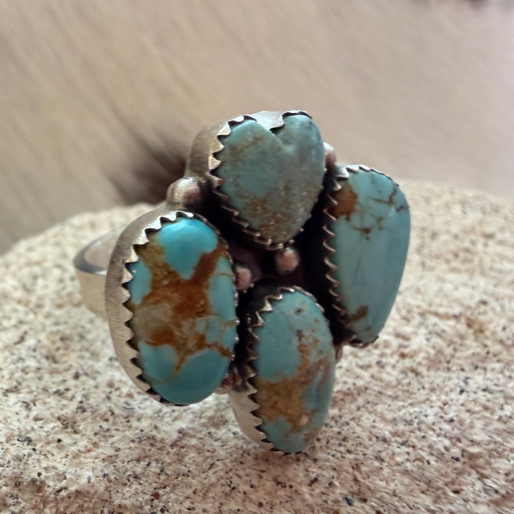 ❤️ #8 Turquoise Navajo Style 4 Stone Heart Statement Ring Adj Unisex 7.8 Gms 925 - Picture 3 of 16